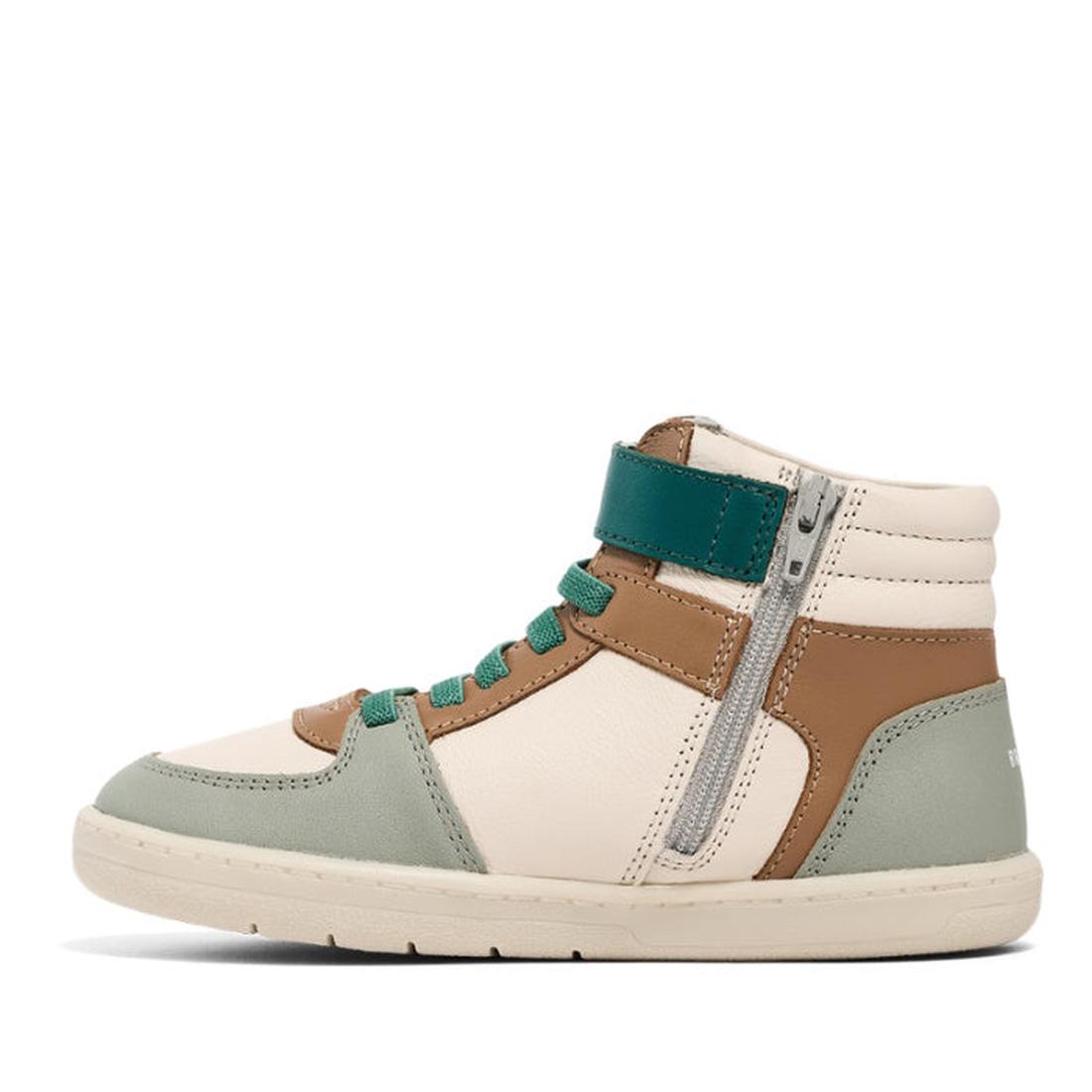 The Pretty Brave Hi Top Boot Forest Mix features cream, brown, and sage green panels with teal laces, a teal ankle strap, side zipper, supportive fit, beige sole, and a modern sporty design., 35902, 35903, 35904, 35905, 35906, 35907, 35908, 9420075328709,