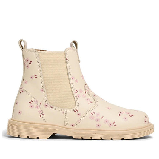 The Pretty Brave Girls Hudson Winter Bloom Pink Leather Boot features a cream color, podiatrist approval, elastic side panels, pull tab, pink floral details, and a rugged light tan sole—ideal for stylish, comfortable kids' footwear.