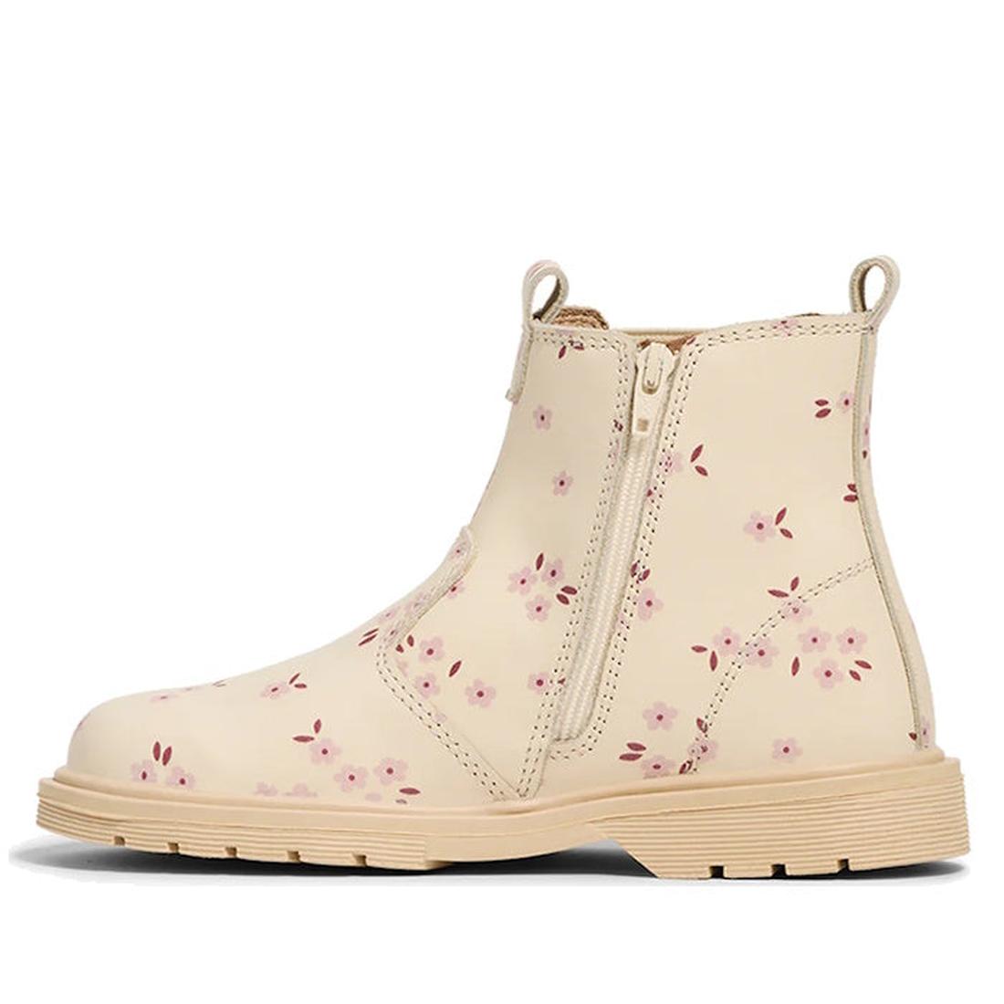 The Pretty Brave Girls Hudson Winter Bloom Pink Leather Boot features beige leather, a side zipper, rugged sole, and a playful pink floral pattern—these podiatrist-approved boots offer both style and support for kids., 9420075363205, 9420075363199, 942007