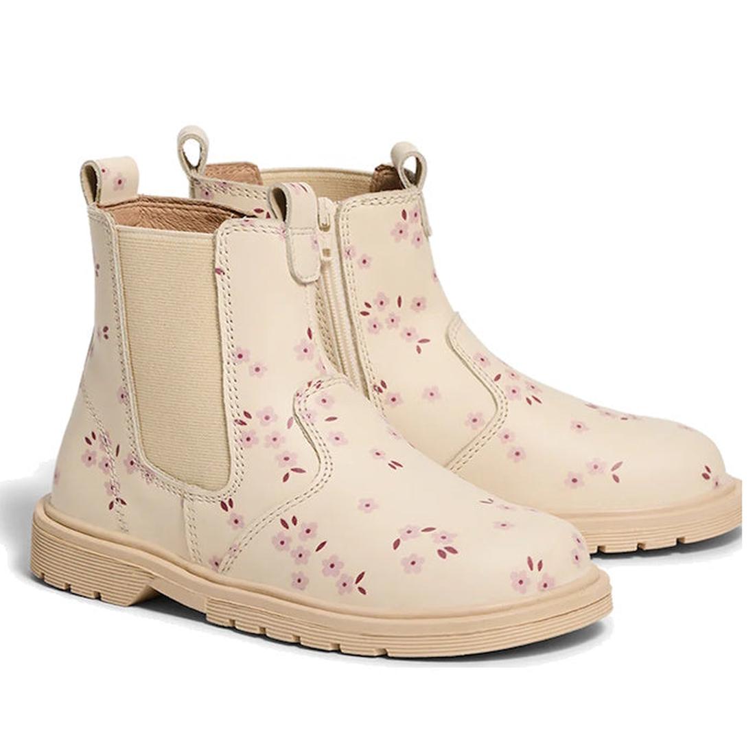 The Pretty Brave Girls Hudson Winter Bloom Pink Leather Boot features light beige leather, elastic side panels, and charming pink floral patterns—making it the perfect footwear for any occasion., 9420075363205, 9420075363199, 9420075363182, 9420075363175,