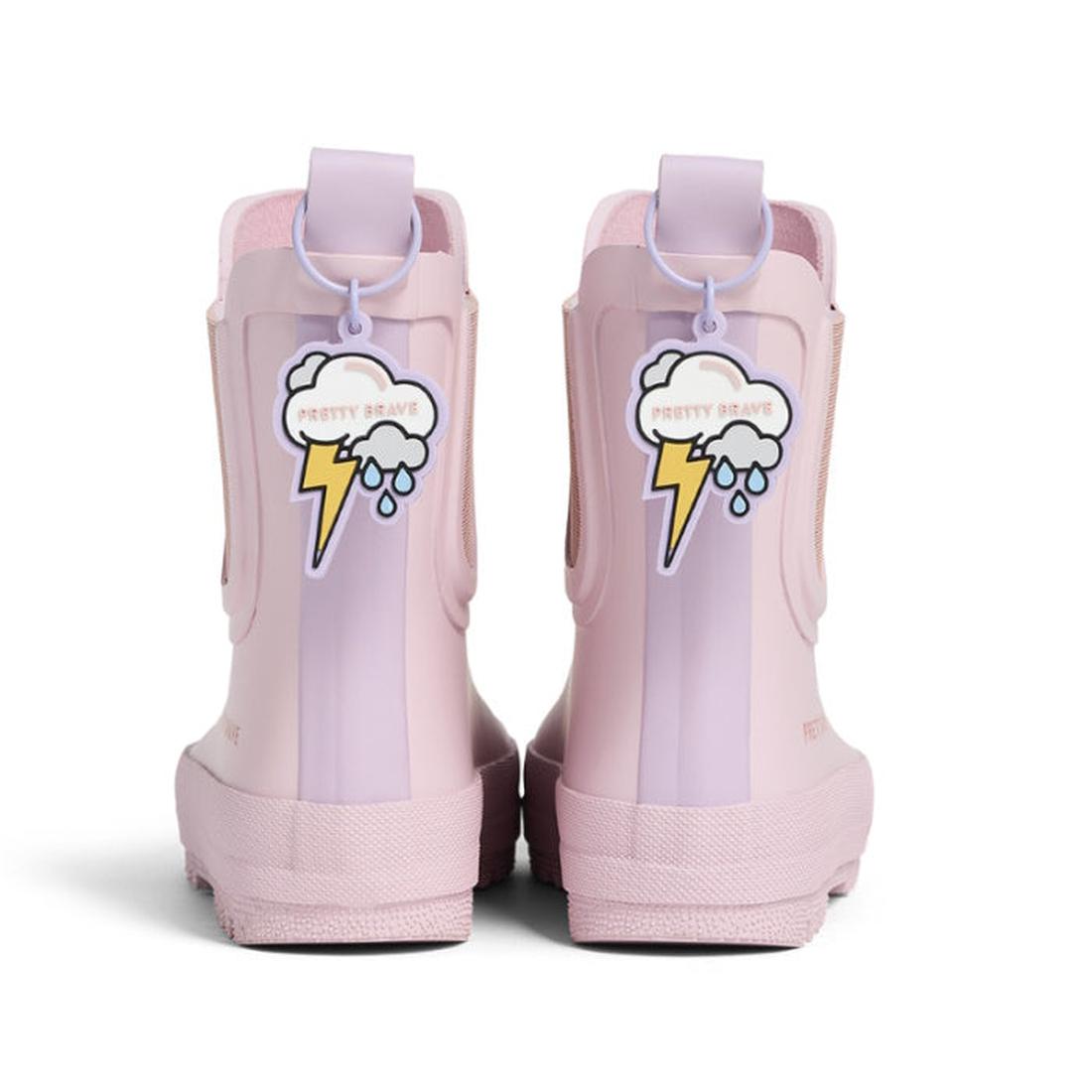 The Pretty Brave Puddle Boot Ankle Rainboot in Blush Pink is a lightweight, kids’ rain boot featuring a rear tag with cloud, lightning bolt, raindrops, and “Pretty Brave”—perfect for little adventurers., 9420075328525, 9420075328518, 9420075328501, 942007