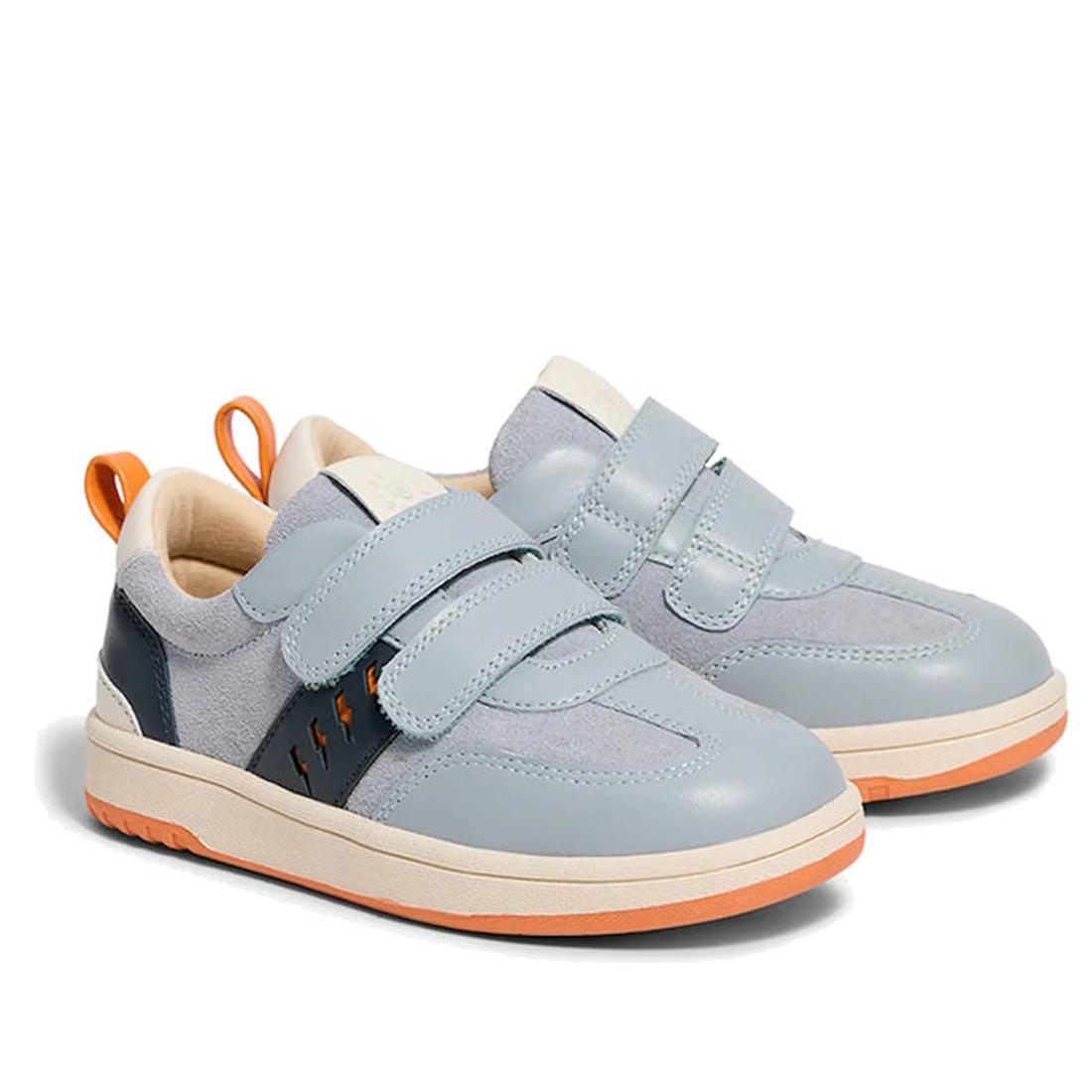 The Pretty Brave River Bolts Leather Trainer Blue Grey features light blue and gray leather, orange accents, white soles, and double hook-and-loop straps—perfect sporty shoes for active kids., 9420075363984, 9420075363977, 9420075363960, 9420075363953, 50