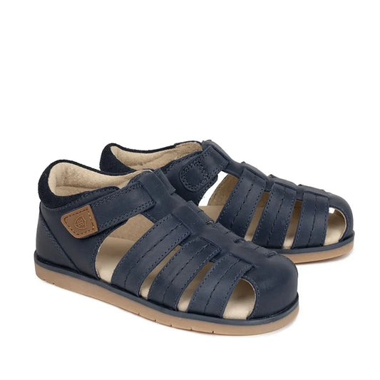 Pretty Brave Toby Indigo Closed Toe Leather Kids Sandal 26 in navy blue with hook-and-loop straps and flat rubber soles.