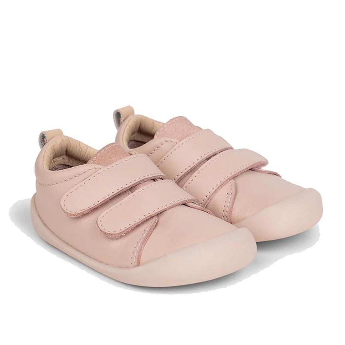 The Pretty Brave First Walker Toto Leather Trainer in Dusky Pink features soft leather, two Velcro straps, rounded toes, and cushioned soles—designed for comfort and flexibility for little feet., 9420075366329, 9420075366312, 9420075366305, 50976