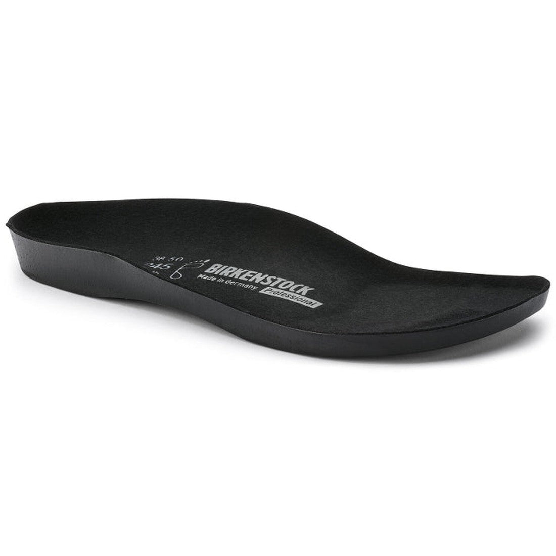 Birkenstock Chefs Profi Birki Replacement Inner Sole Black—washable, comfy arch support for chef clogs; white logo and size on heel.  ksnz