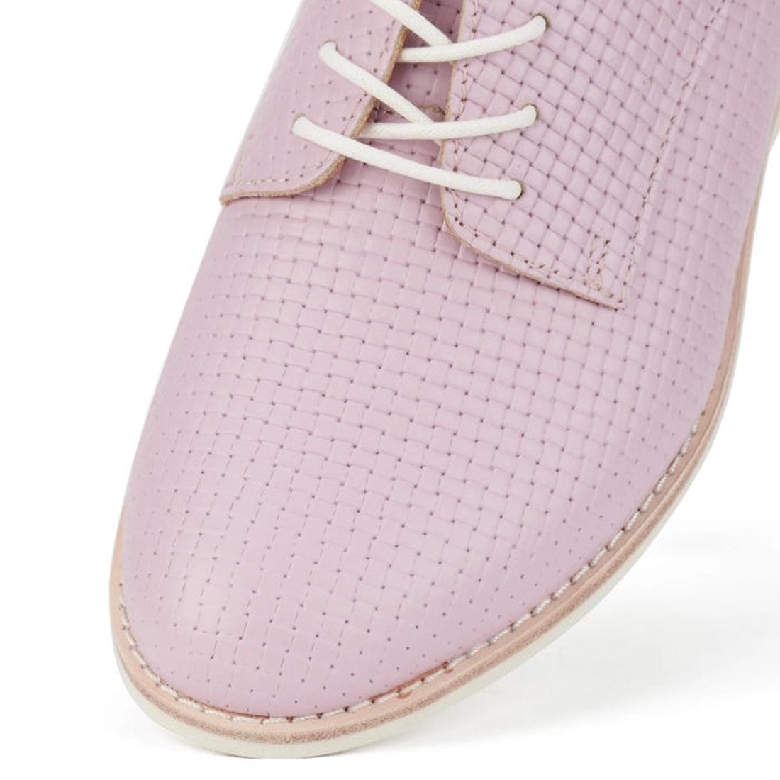 Close-up of the toe of Rollie Derby Embossed pink textured shoe with white laces on a white background.,
9781760778514,
9781760778538,
9781760778552,
9781760778484,
9781760778507,, 46062, 9781760778514, 9781760778538, 9781760778552, 9781760778484, 9781760
