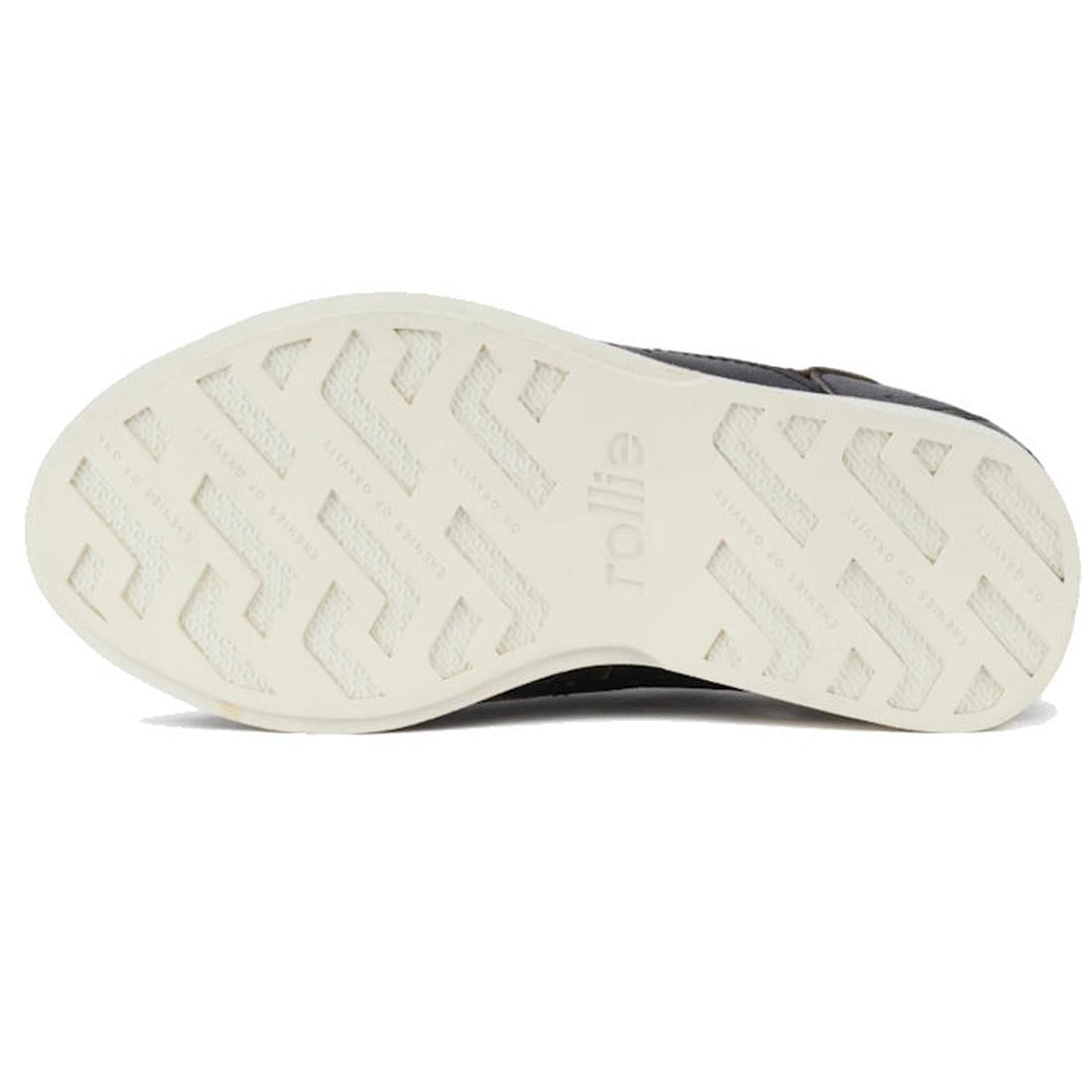 The image shows the white, textured sole of the Rollie Derby Applique Black Womens Leather Brogue Shoe with "rollie" embossed near the center. The Australian-designed sole features a zigzag traction pattern for grip., 9781760792312, 9781760792329, 9781760
