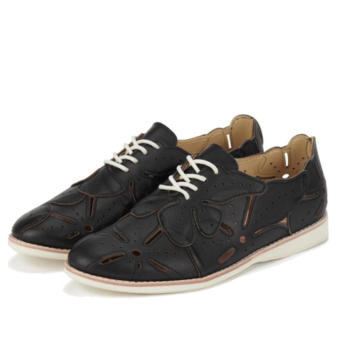 The Rollie Derby Applique Black Women's Leather Brogue Shoe features soft black leather, floral and abstract cut-outs, white laces, cream soles, and is uniquely Australian designed for standout style., 9781760792312, 9781760792329, 9781760792336, 97817607
