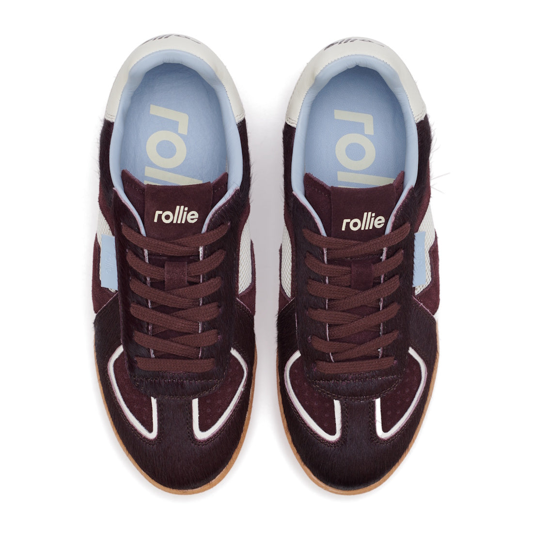 Top view of the Rollie Womens Pace Dark Cherry Bone Suede Sneaker, featuring maroon suede upper, brown laces, light blue insoles with "rollie" branding, and white detailing on the toe and sides., 9339554000315, 9339554000317, 9339554000164, 9339554000056,
