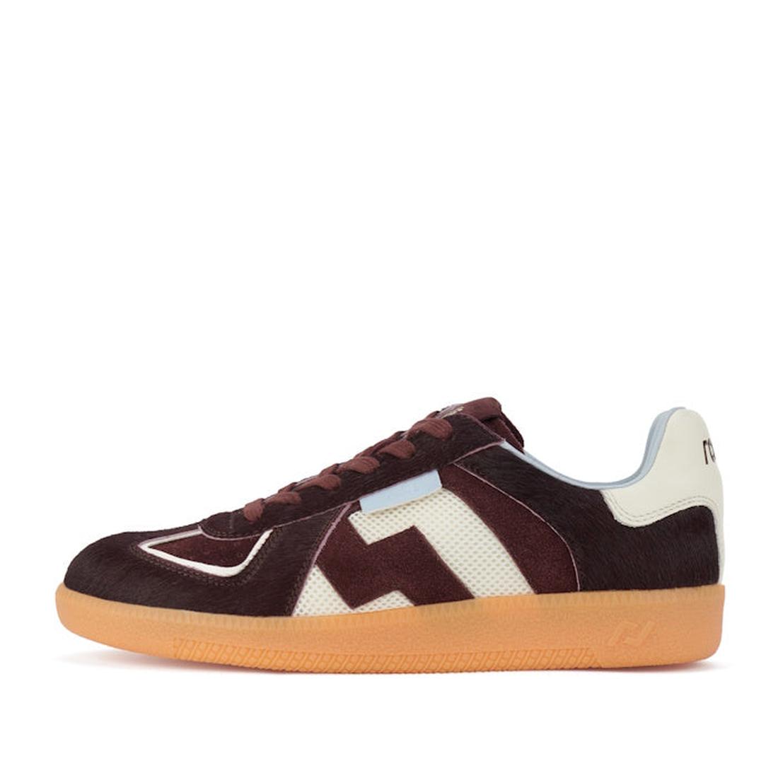 Side view of the Rollie Womens Pace Dark Cherry Bone Suede Sneaker featuring a maroon and white colorway, suede leather upper, mesh accents, gum sole, and a stylized H design on the side., 9339554000315, 9339554000317, 9339554000164, 9339554000056, 933955