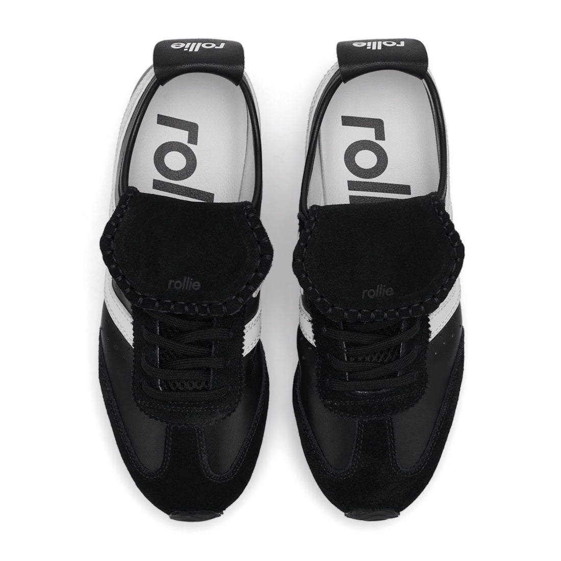Top view of Rollie Womens Shift Black/Bone Sneaker, style PS00093, with black laces, black suede details, and white insoles branded "rollie" in black., 9339554369945, 9339554362427, 9339554100234, 9339554006246, 9339554000138