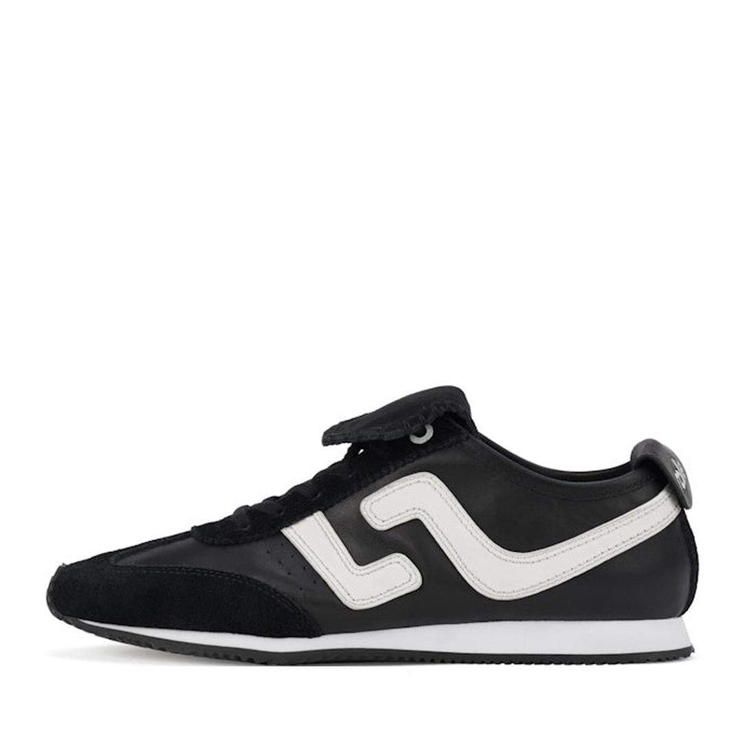 The Rollie Womens Shift Black/Bone Sneaker features a black design with a white wavy side stripe, black laces, black sole with white midsole, and suede detailing at the toe and heel for a sleek, athletic look., 9339554369945, 9339554362427, 9339554100234,