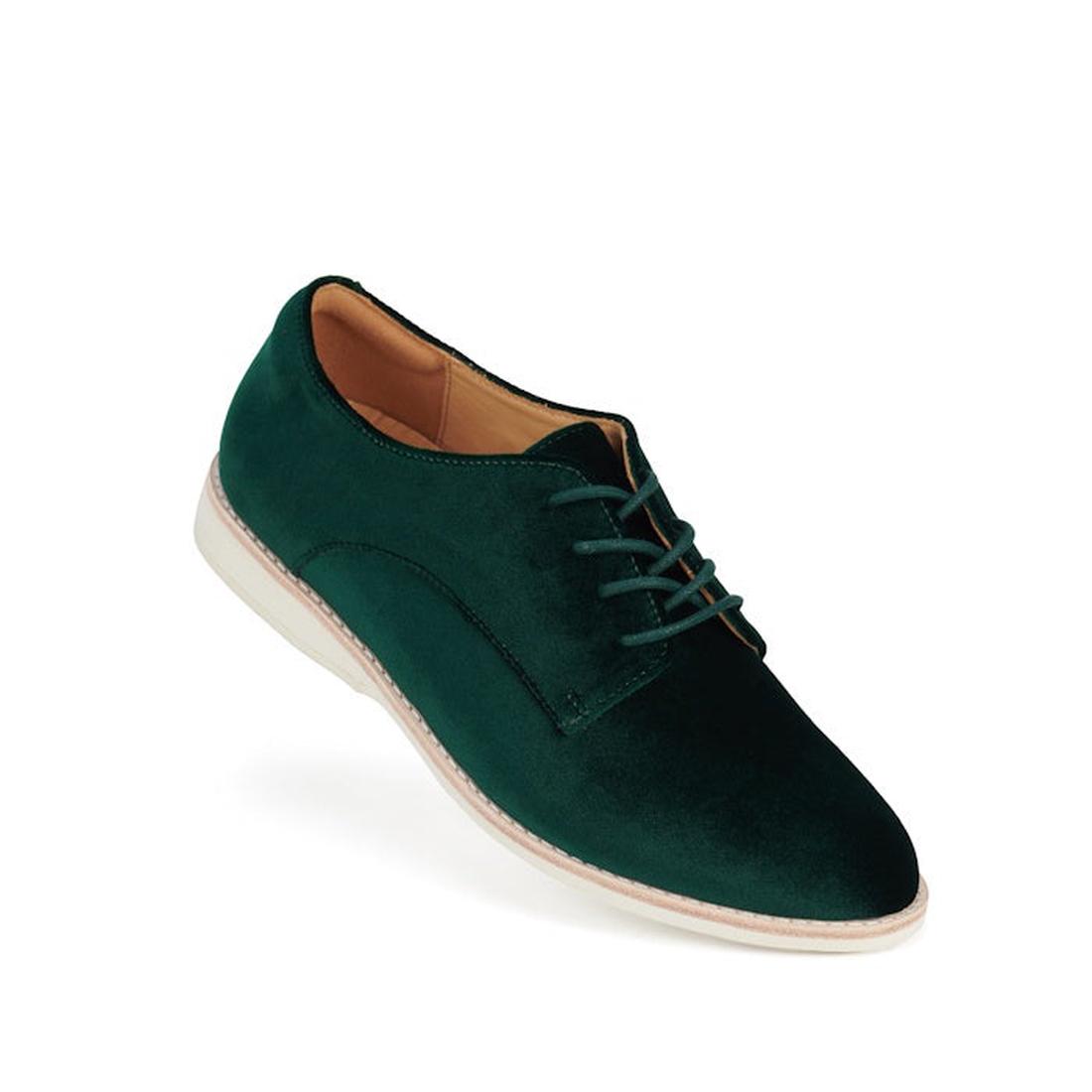 Rollie Womens Derby Emerald Green Velvet Brogue Shoe features soft green velvet, comfy white sole, easy lace-up, and a cozy tan lining.  ksnz