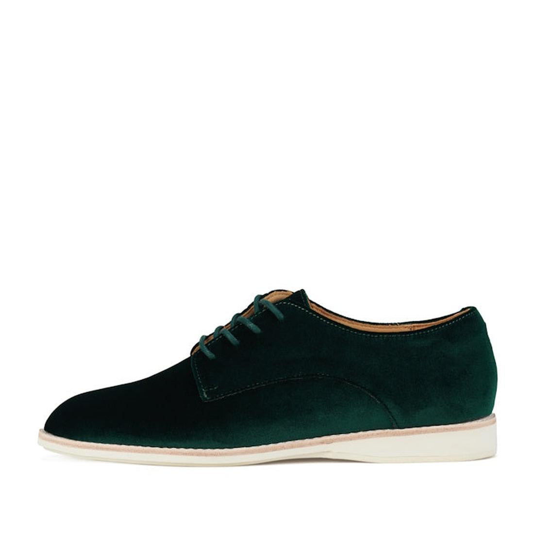 Rollie Womens Derby Emerald Green Velvet Brogue Shoe with soft lace-up closure, plush green velvet, and comfy white sole—shown side view.  ksnz, 9339554068114, 9339554005690, 9339554000077, 9339554000336, 9339554023830