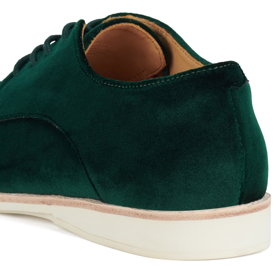 Rollie Womens Derby Emerald Green Velvet Brogue Shoe features soft green velvet, a comfy white sole, beige lining, and lace-up closure.  ksnz, 9339554068114, 9339554005690, 9339554000077, 9339554000336, 9339554023830