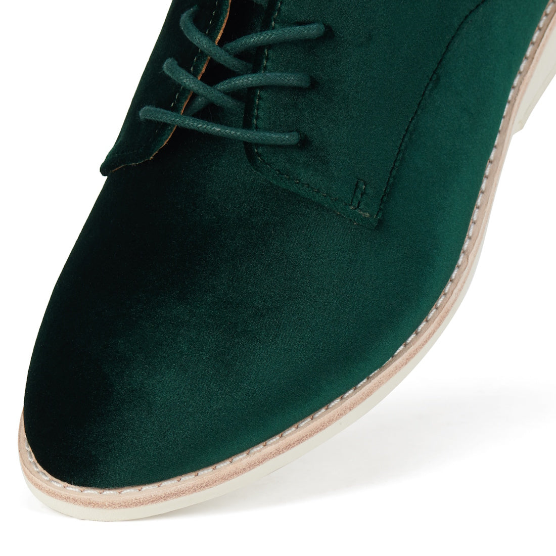 Rollie Womens Derby Emerald Green Velvet Brogue Shoe with beige stitching, comfy light sole, and classic lace-up—perfect for family outings.  ksnz, 9339554068114, 9339554005690, 9339554000077, 9339554000336, 9339554023830