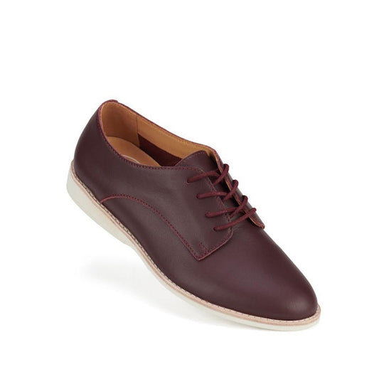 Rollie Womens Derby Super Soft Dark Cherry Shoe with comfy matching laces, cozy tan lining, and safe white non-slip sole.  ksnz