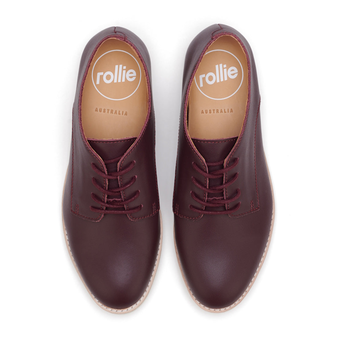 Top view of Rollie Womens Derby Super Soft Dark Cherry Leather Shoes with tan soles, cushy EVA midsoles, and branded tan insoles featuring the white rollie logo and "AUSTRALIA" text., 9339554034843, 9339554086330, 9339554099231, 9339554070285, 93395541240