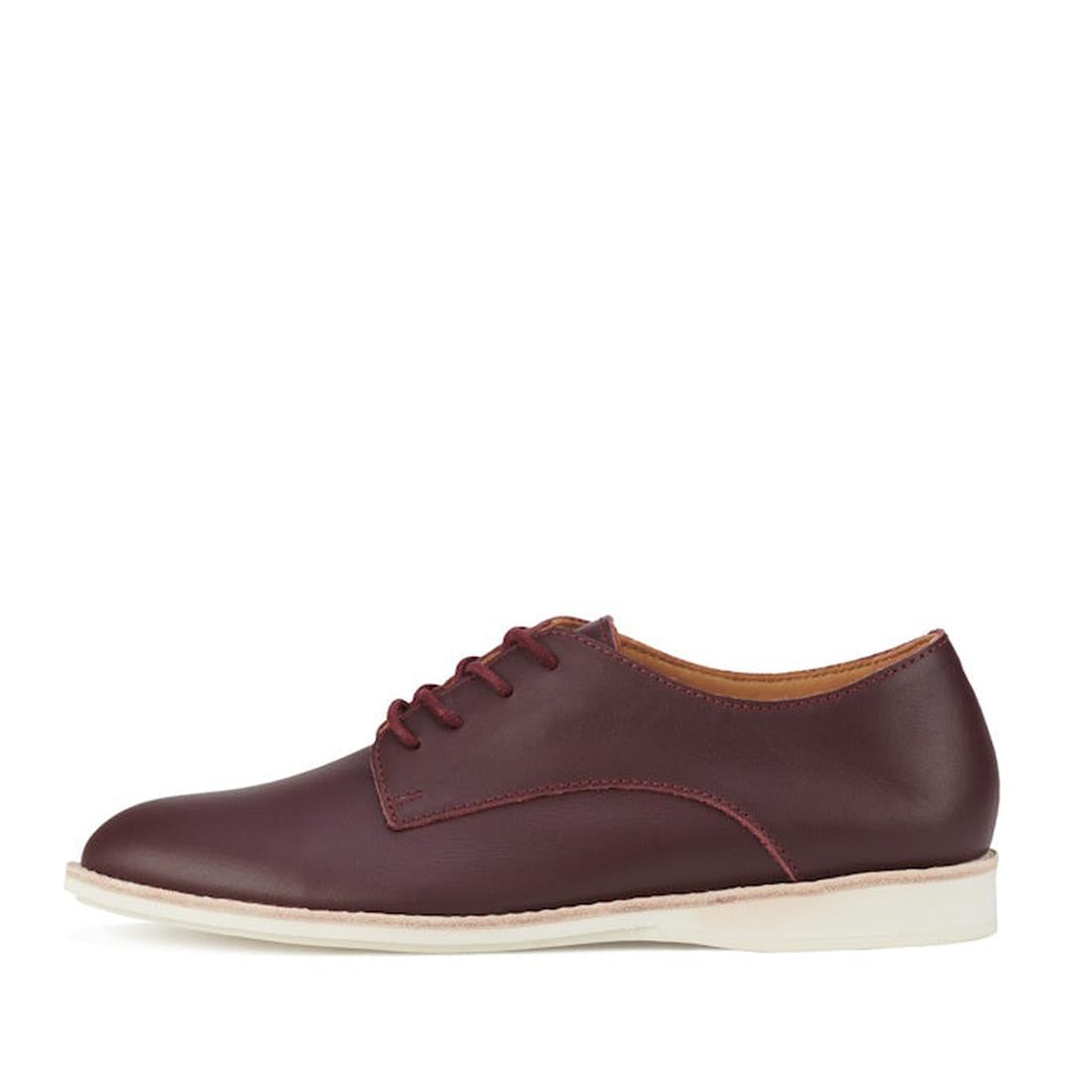 The Rollie Womens Derby Super Soft Dark Cherry Leather Shoe is shown in a side view with matching laces and a white sole featuring an anti-slip rubber outsole, displayed on a plain white background., 9339554034843, 9339554086330, 9339554099231, 9339554070