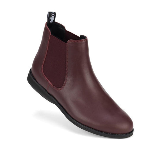 A single Rollie Womens Chelsea Dark Cherry Leather Ankle Boot, style SC02136, with black sole, elastic side panels, and a Lottie pull tab at the back. The boot is angled left on a white background.