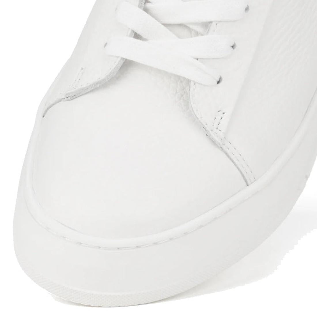 Close-up of the Rollies Womens Courtclub All White Black Leather Trainer, highlighting its premium leather, white laces, smooth texture, precise stitching, and anti-slip rubber outsole for extra grip., 9781760790097, 9781760790103, 9781760790110, 97817607