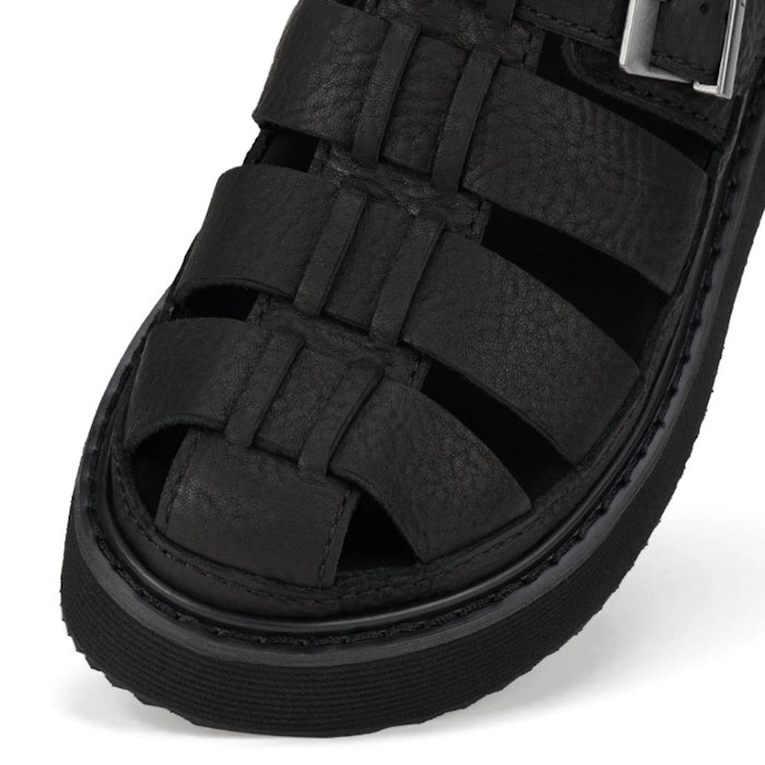 Toe view of Rollie Hyde Fisherman Black platform sandal with multiple straps on a white background.,
9781760788858,
9781760788865,
9781760788872,
9781760788889,
9781760788896,, 46056, 9781760788858, 9781760788865, 9781760788872, 9781760788889, 97817607888