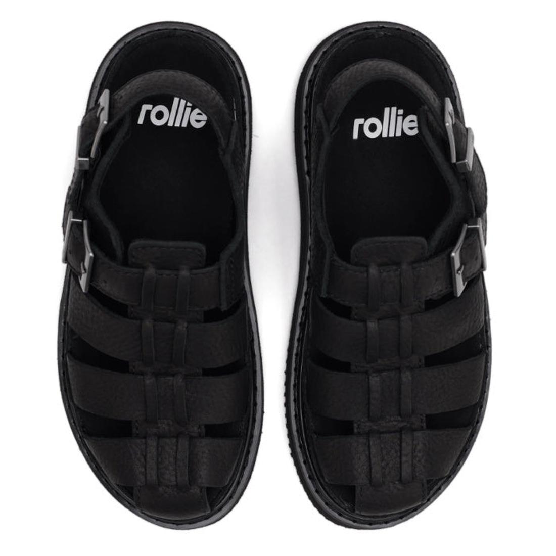 Top down view Rollie Hyde Fisherman Black sandals with 'rollie' branding on a white background.,
9781760788858,
9781760788865,
9781760788872,
9781760788889,
9781760788896,, 46056, 9781760788858, 9781760788865, 9781760788872, 9781760788889, 9781760788896