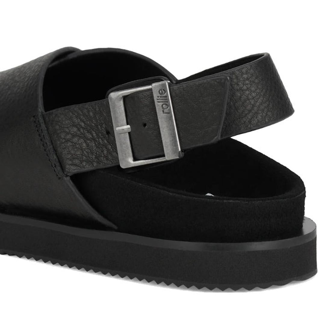 Close-up of the Rollie Womens Rhodes Cross Sandal in Tumble Black Leather, showing the pebbled leather back strap, silver engraved buckle, and thick textured sole., 48159, 9781760793692, 9781760793708, 9781760793715, 9781760793722, 9781760793739, 97817607