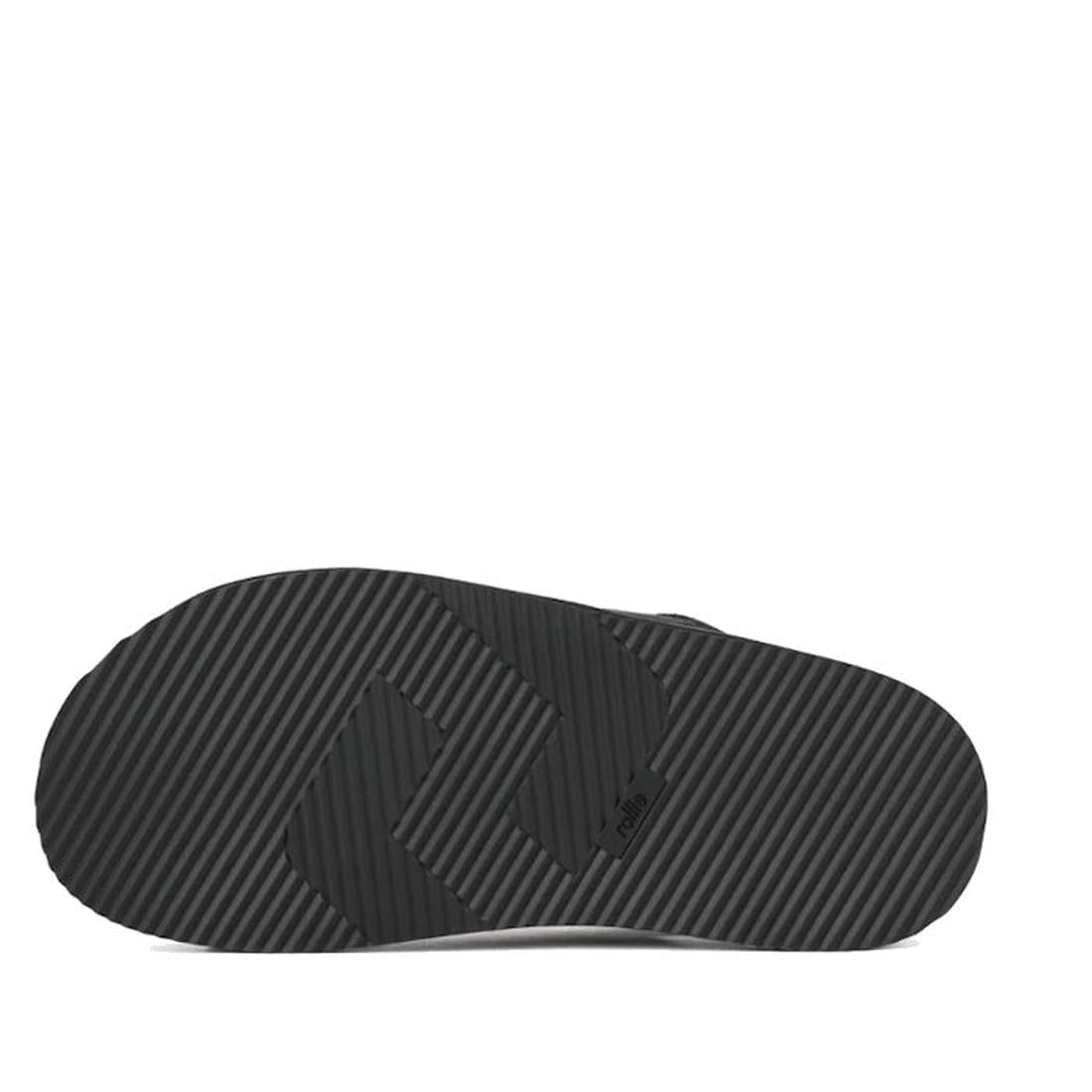 The image shows the bottom view of the Rollie Womens Rhodes Cross Sandal Tumble Black Leather w/Back Strap, featuring a black sole with a textured diagonal line pattern and a small central logo on a white background., 48159, 9781760793692, 9781760793708, 