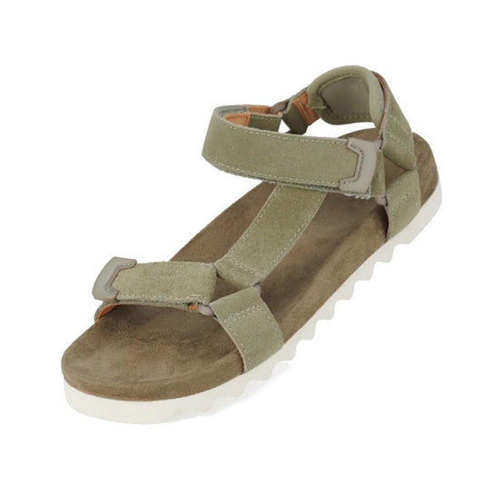 The Rollie Womens Sandal Tooth Wedge in Sage/White features a single olive green sandal with adjustable sheep leather straps and a white textured EVA sawtooth wedge outsole, pictured at a slight angle on a white background.