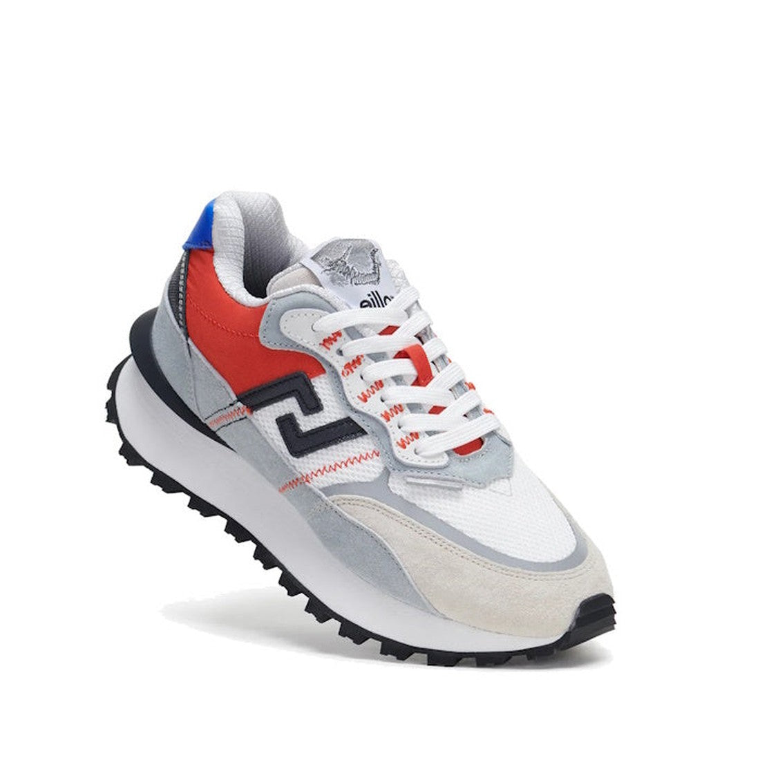 The Rollie Womens Kentu Royale Sneaker White Grey features white mesh, light gray suede, red panels, a black zigzag side detail, white laces, and a chunky black and white sole with an anti-slip rubber outsole for extra grip.