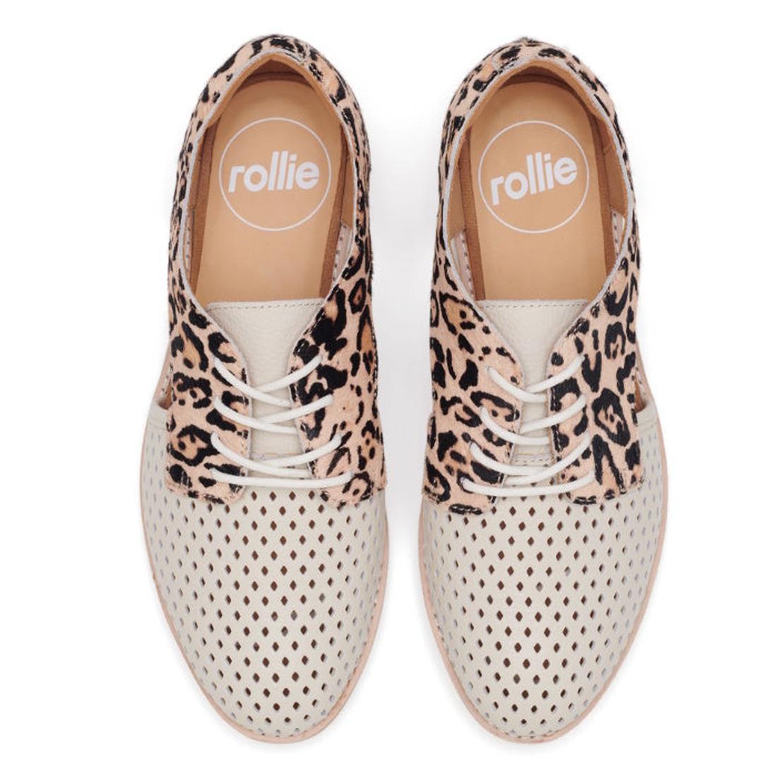 The Rollie Womens Sidecut Punch Bone Leather Leopard Cut Out Brogue features perforated white leather with punch hole detailing at the front and tan leopard print at the back, shown from a top view., 9339554303413, 9339554303420, 9339554303437, 9339554303