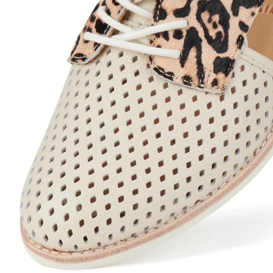 Close-up of the Rollie Womens Sidecut Punch Bone Leather Leopard Cut Out Brogue, featuring punch hole detailing, white laces, and a bold leopard print tongue accent., 9339554303413, 9339554303420, 9339554303437, 9339554303444, 9339554303451, 9339554303468