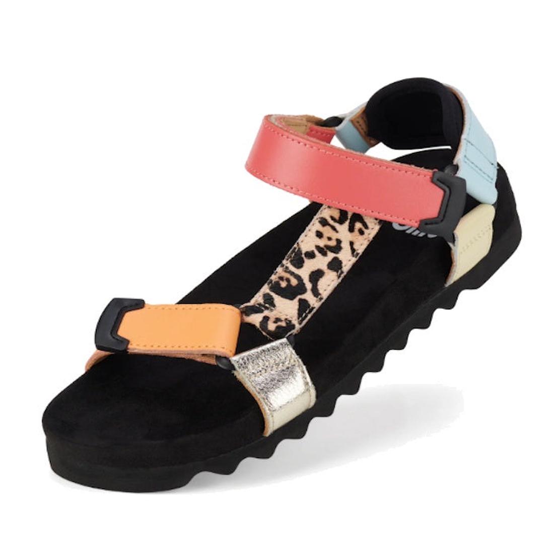 The Rollie Womens Sandal Tooth Wedge Leopard Multi features a black sole, comfy suede footbed, and adjustable leather straps in coral, blue, orange, silver, and leopard print with handy hook-and-loop fasteners.