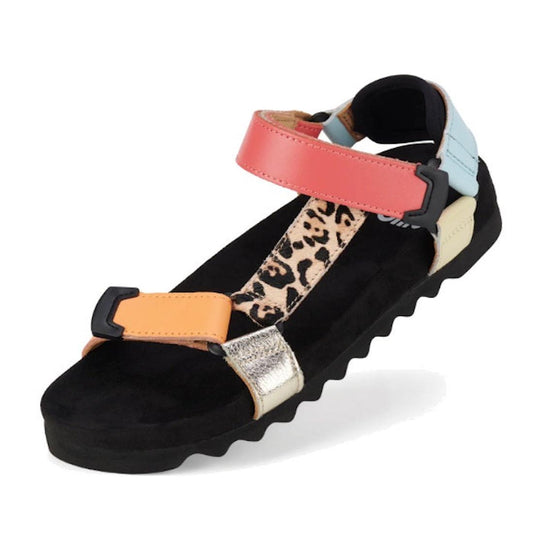 The Rollie Womens Sandal Tooth Wedge Leopard Multi features a black sole, comfy suede footbed, and adjustable leather straps in coral, blue, orange, silver, and leopard print with handy hook-and-loop fasteners.