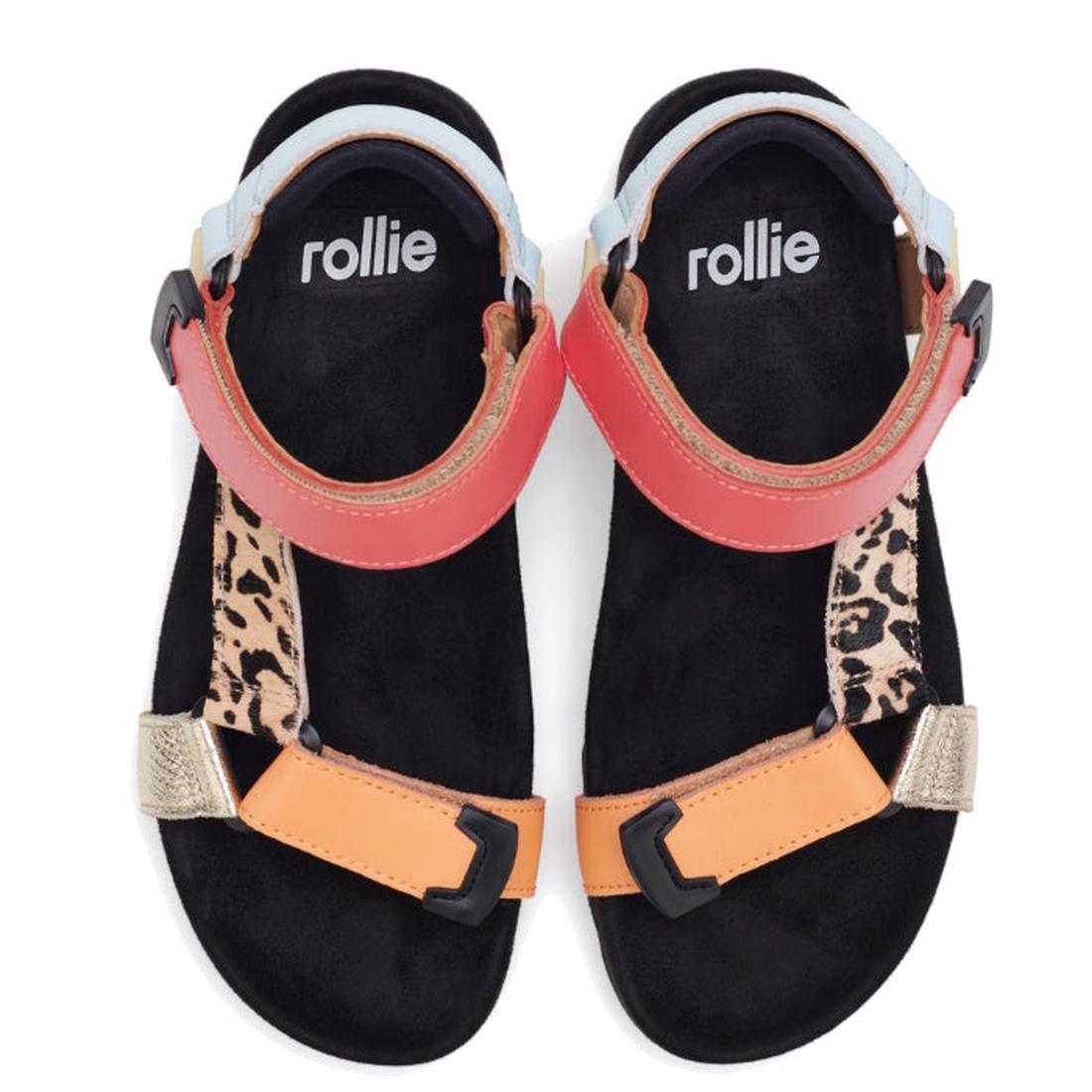 The Rollie Womens Sandal Tooth Wedge Leopard Multi features black soles, red adjustable ankle straps, orange and gold front straps, leopard print side straps, and “rollie” printed on the insoles., 9339554333786, 9339554333793, 9339554333809, 9339554333816