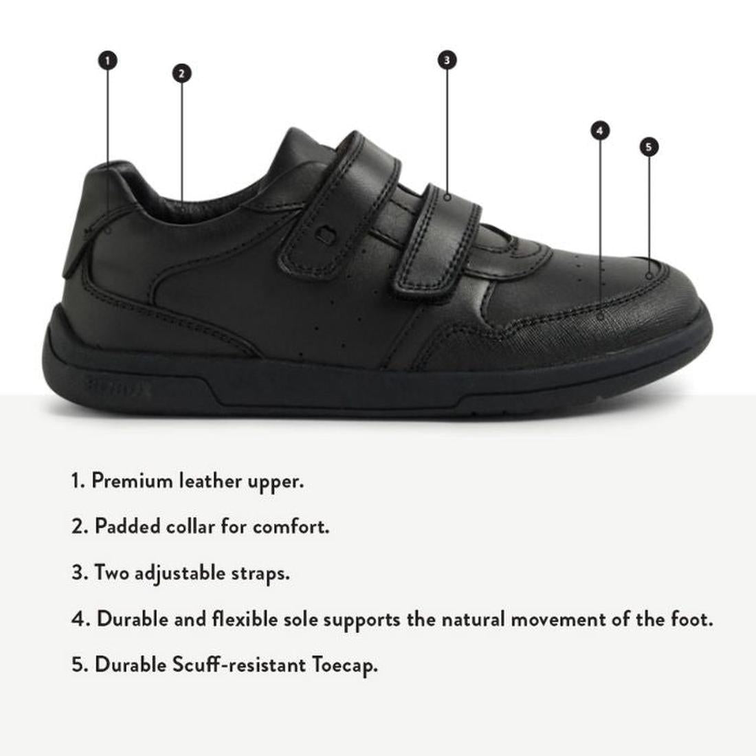 The Bobux Kid+ Scoot Black School Leather Sneaker Shoe features two adjustable straps, a padded collar, flexible sole, and durable scuff-resistant toecap—ideal for kids who need long-lasting sneakers for busy school days., 48409, 9420074842510, 9420074842