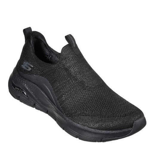 Skechers Arch Fit Slip Ons Keep It Up Black, comfy slip-on shoes with mesh upper, supportive cushioned sole, and easy pull tab.  ksnz