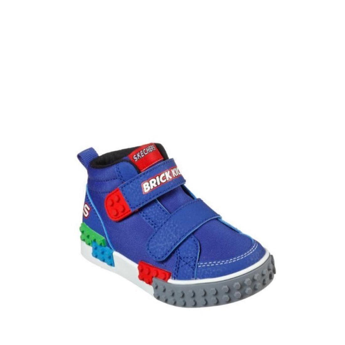 Skechers Kids Toddlers Kool Bricks Lil Constructor Boots in blue, with fun brick details, grippy brick-pattern sole, and easy Velcro straps.  ksnz