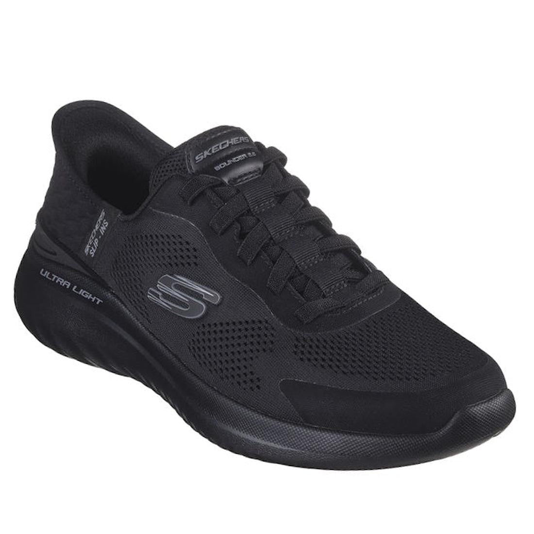 The Skechers Mens Slip Ins Bounder 2.0 Emerged Black features a mesh upper, lace-up front, S logo, Ultra Light sole, and Air-Cooled Memory Foam for all-day comfort in these sleek black athletic sneakers.