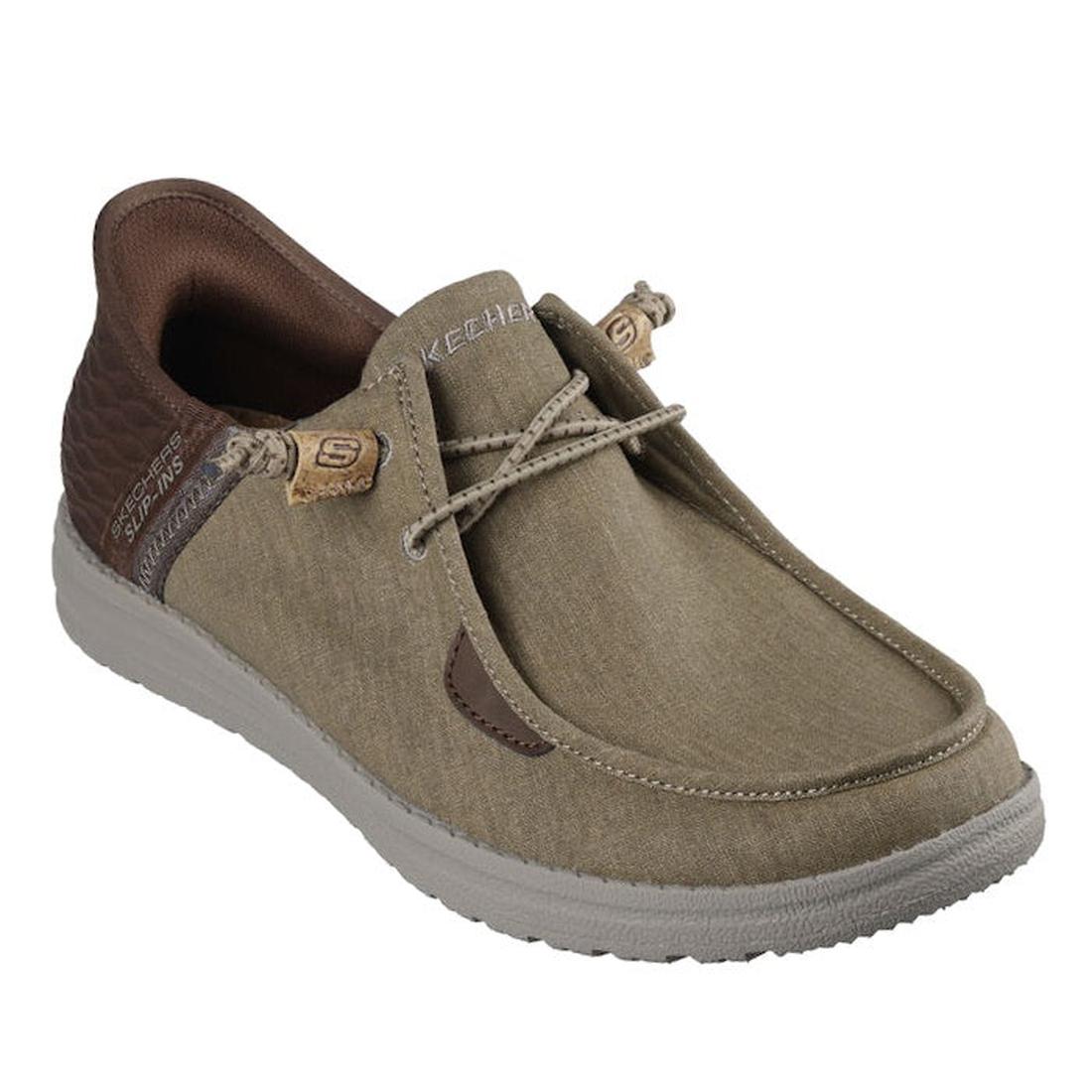 The Skechers Mens Slip Ins Melson - Classy Moc Tan is a relaxed fit, tan and brown slip-on with white sole, brown accents, decorative laces, Hands Free Slip-ins tech, and Skechers branding on sides and tongue.