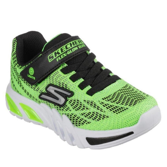 Skechers Boys Light Ups S Lights Flex Glow Elite Vorlo Lime is a bright green and black sneaker with secure velcro, mesh, lights, and white sole.  ksnz