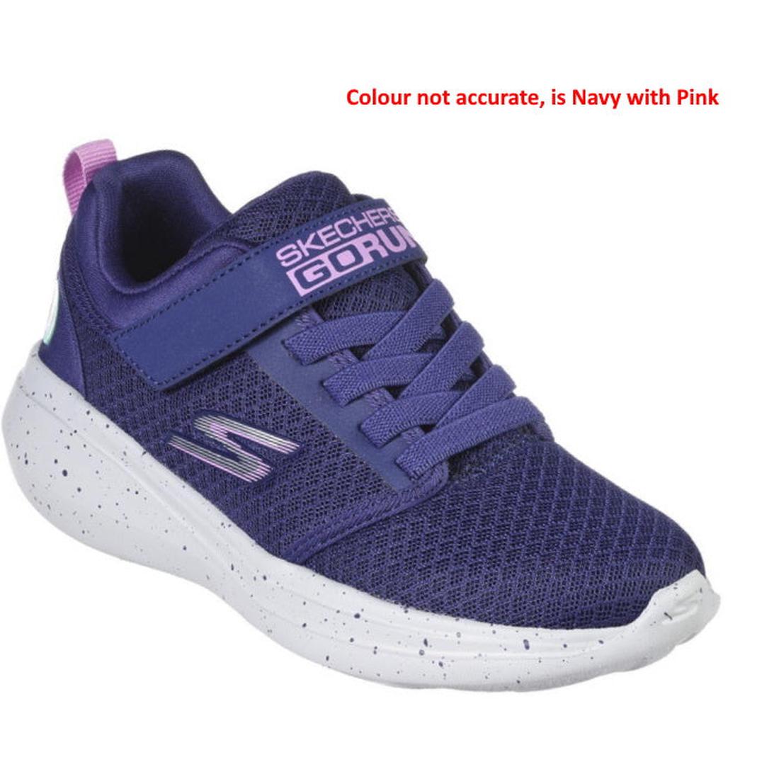 Skechers Kids Go Run Fast Earthy Gal Navy sneaker: comfy for play, in navy with pink details, easy velcro closure, speckled white sole.  ksnz