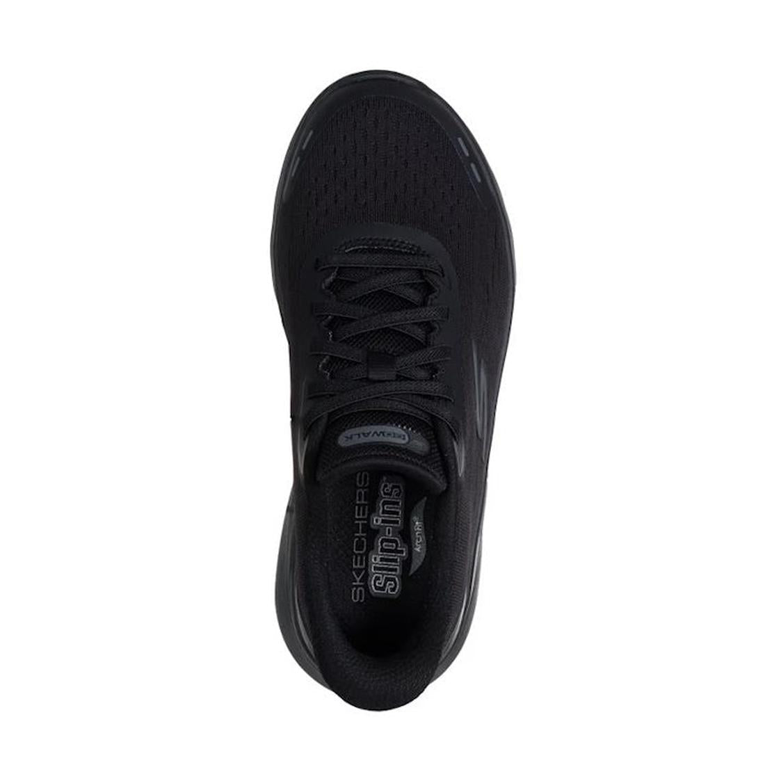 A top view of the Skechers Womens Slip In Go Walk Arch Fit N-Joy Black showcases its lace-up, breathable mesh upper and Arch Fit insole logo. This vegan slip-on walking shoe is set against a plain white background., 199025170253, 49932, 199025170277, 4993