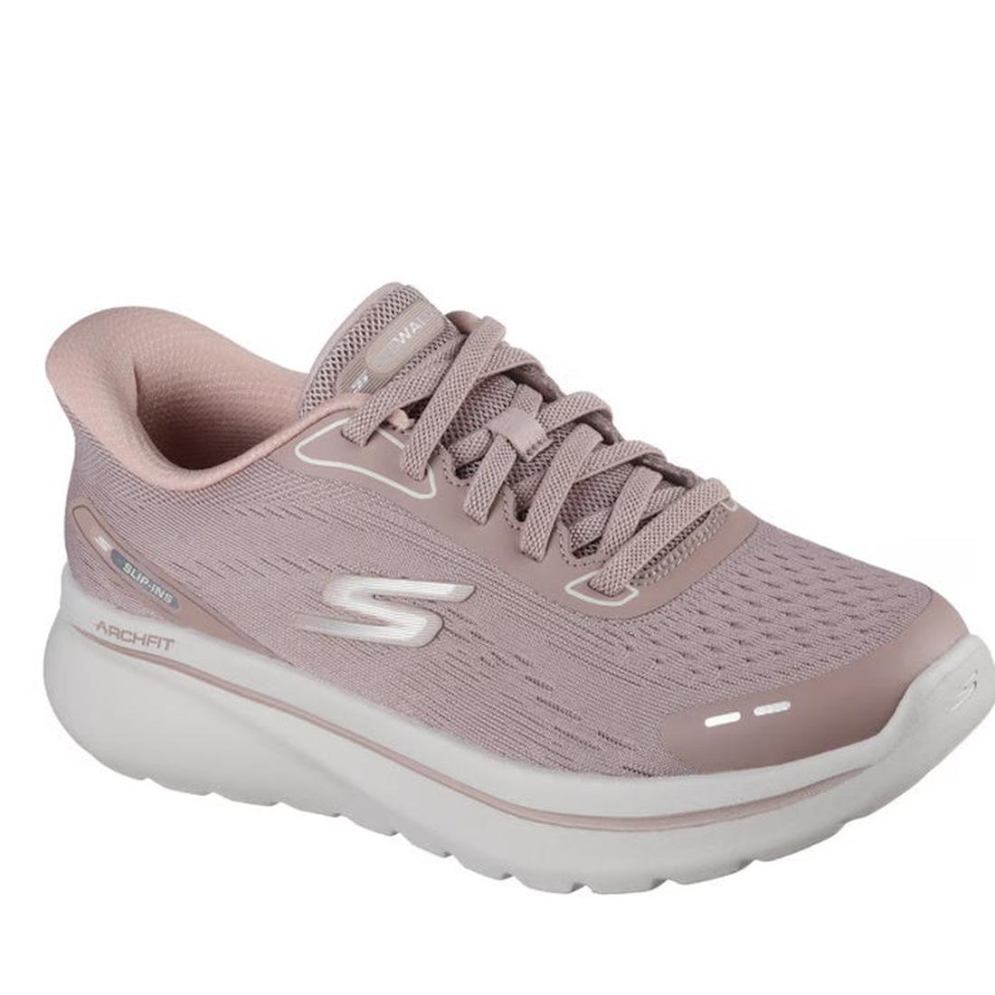The Skechers Womens Slip In Go Walk Arch Fit N-Joy in taupe features a mesh upper, white Arch Fit sole, slip-in design, and iconic S logo—this vegan walking shoe delivers comfort and style for your daily walks.