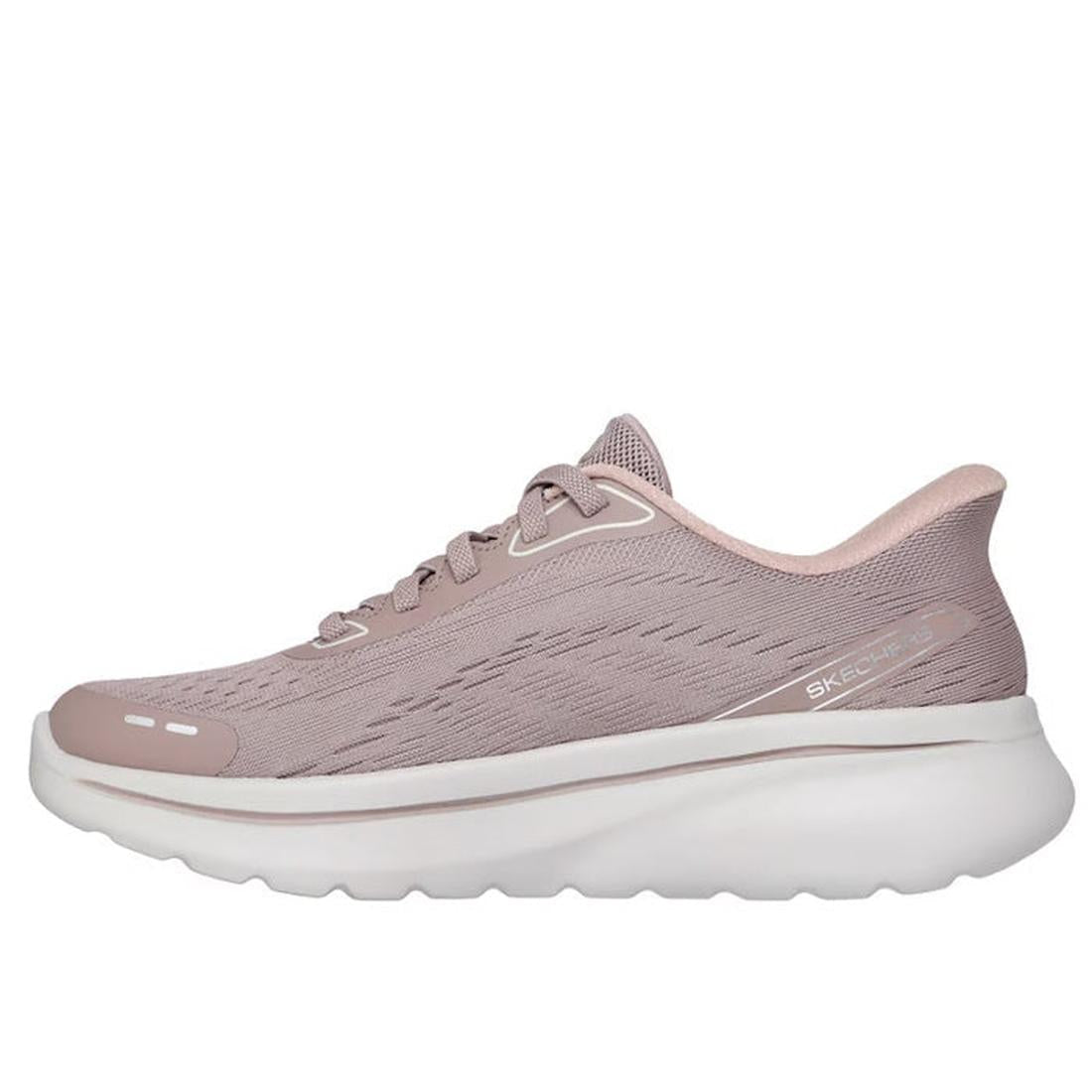 A taupe Skechers Women's Slip-Ins Go Walk Arch Fit N-Joy with a mesh upper, thick white cushioned sole, and slip-on design shown in left-side profile on a white background., 49941, 49942, 199025245340, 49944, 199025245364, 49946, 199025245388, 49948, 1990