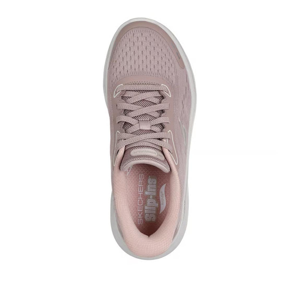 A taupe Skechers Womens Slip In Go Walk Arch Fit N-Joy sneaker is shown from above, featuring a mesh upper, laces, Arch Fit support, vegan materials, and Skechers Slip-Ins logos on the insole against a white background., 49941, 49942, 199025245340, 49944,