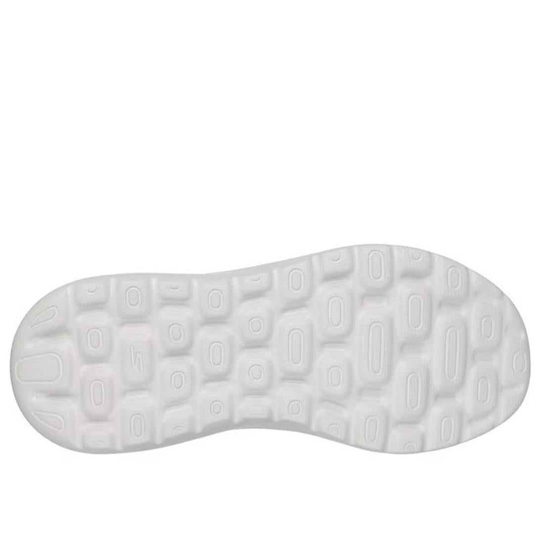 White sole viewed from below shows raised oval and rectangular grip patterns—designed for the Skechers Womens Slip In Go Walk Arch Fit N-Joy Taupe walking shoe., 49941, 49942, 199025245340, 49944, 199025245364, 49946, 199025245388, 49948, 199025245401, 49