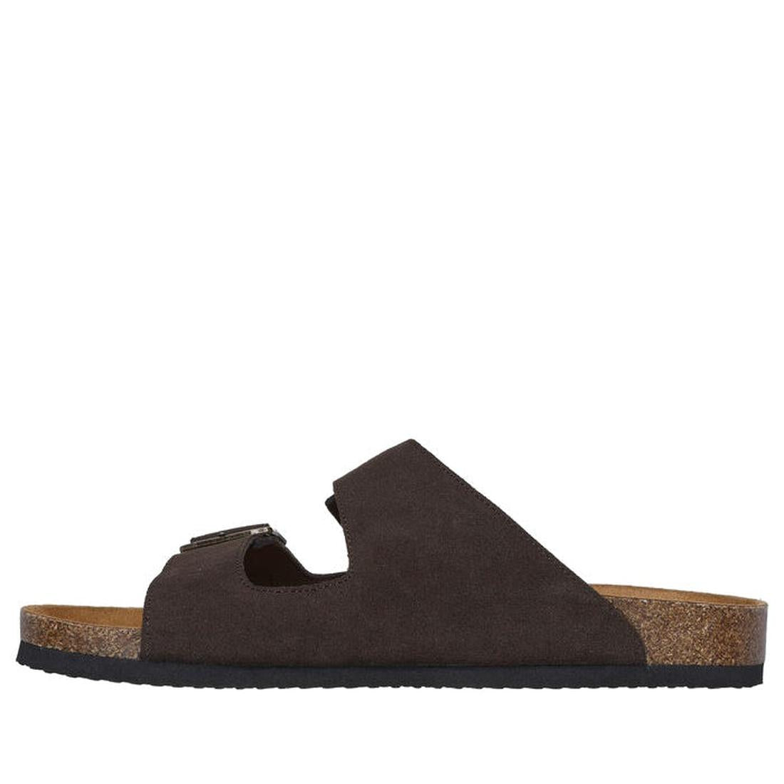 The Skechers Mens Aidan Leelan Arch Fit Sandal in chocolate brown features a relaxed fit, two adjustable straps, a cork footbed, black sole, and is shown in side profile against a white background., 42063, 42064, 197976145870, 197976145894, 197976145917, 