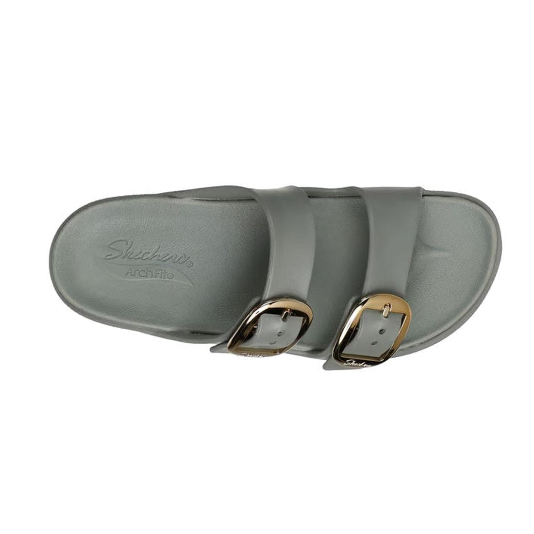 Top view of the Skechers Womens Arch Fit Foamies Cali Breeze Gold Star Slide in Olive, featuring a grey contoured footbed with two wide straps, each with a gold adjustable buckle and embossed Arch Fit logo for arch support comfort., 49594, 197627655543, 1